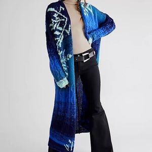 Free People Wool Flurry Duster Maxi Sweater Blue